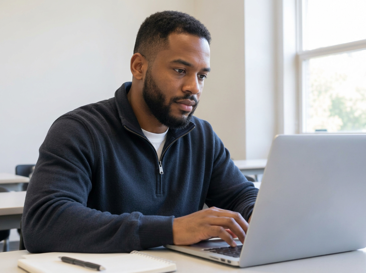 Learner studying cybersecurity on a laptop